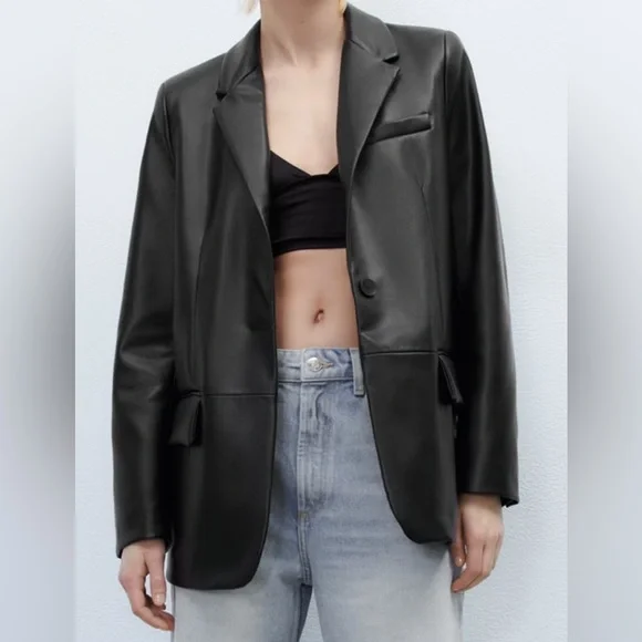 Black Zara Faux Leather Blazer, Size XS - Picture 3 of 7